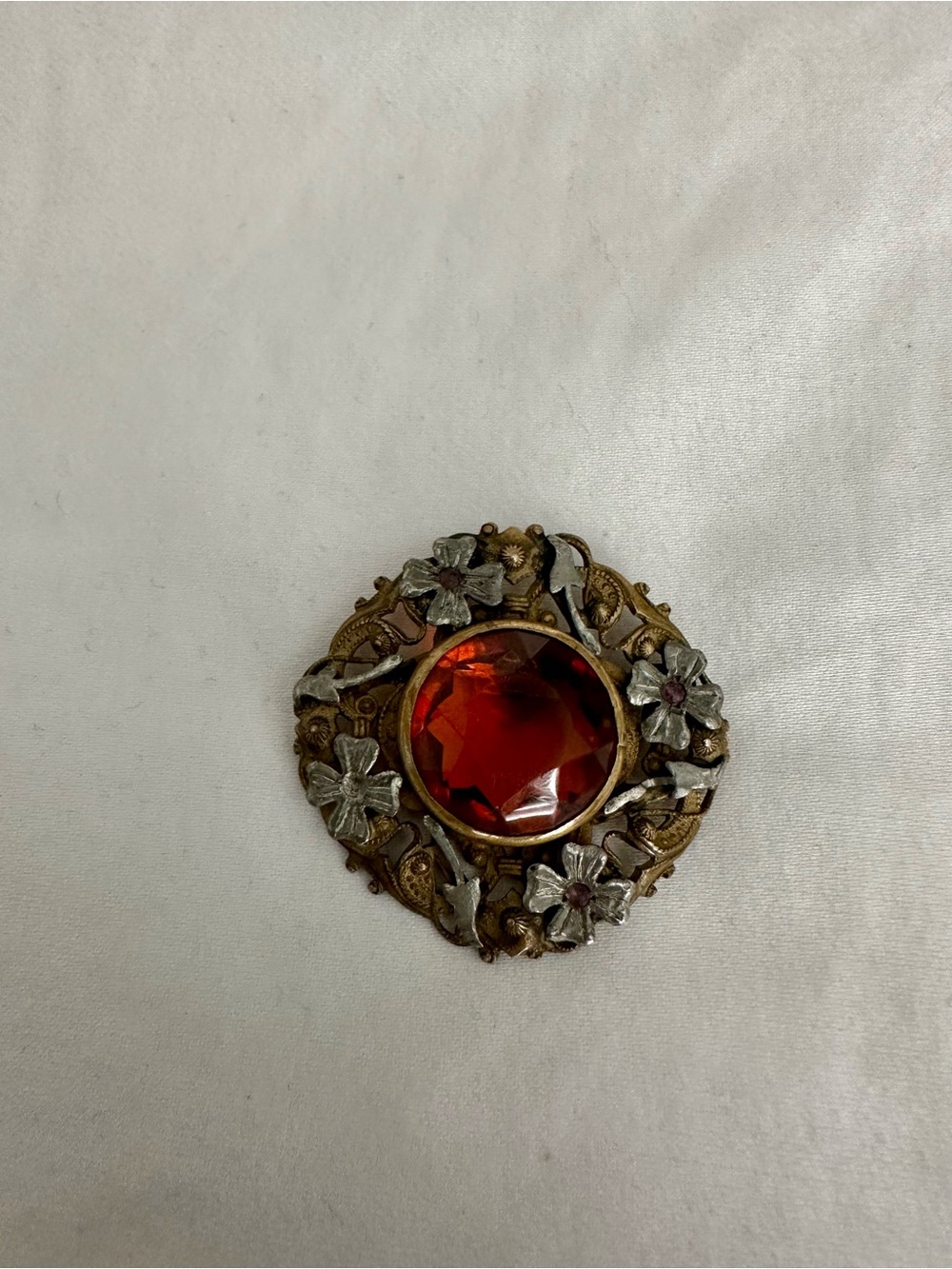 Victorian Amber Glass C Clasp Pink Rhinestones Brass Brooch Read Description